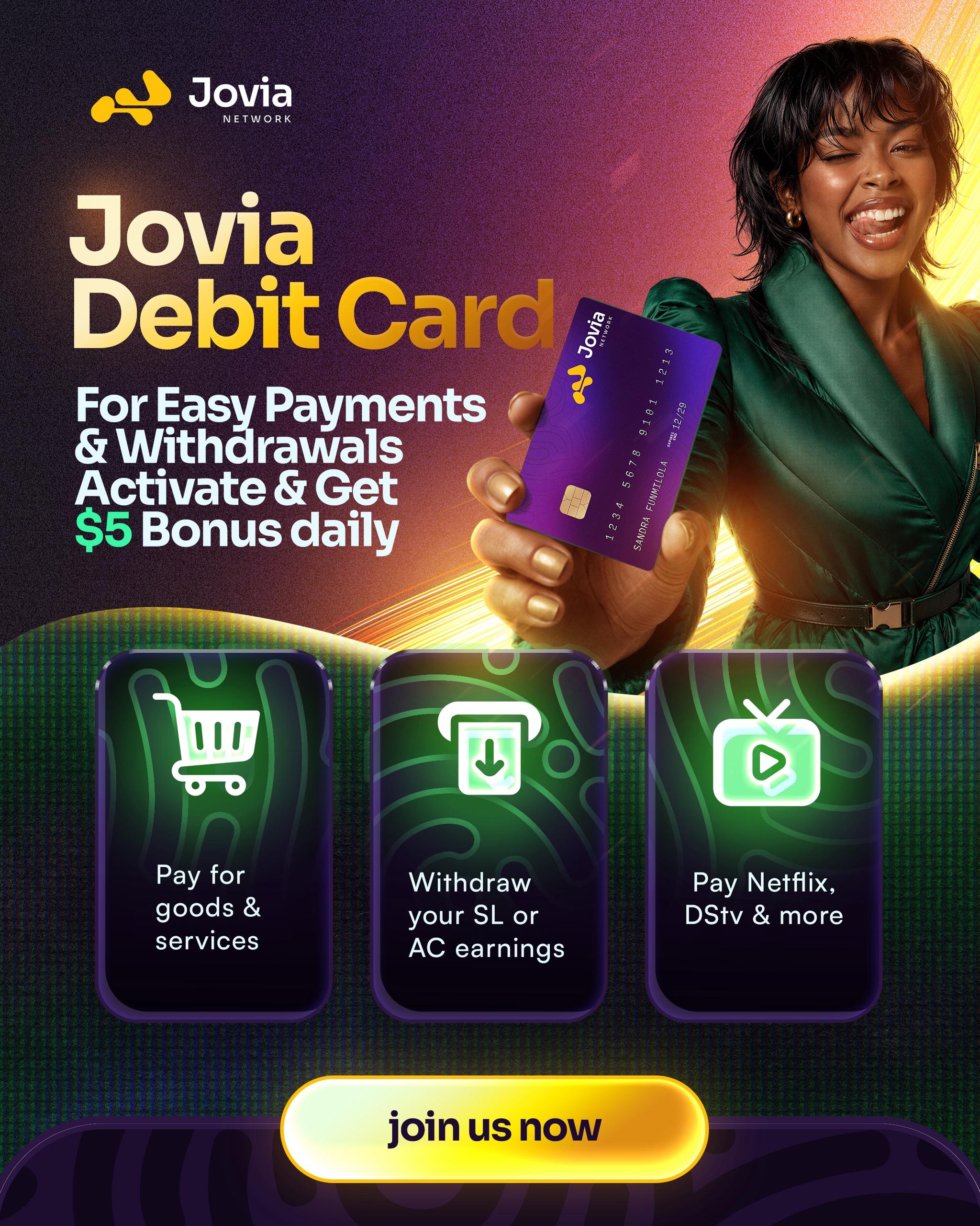 JOVIA debit card for payments and withdrawals